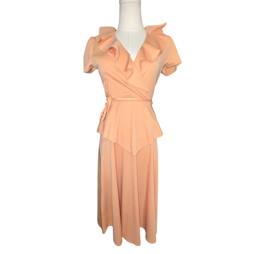 Vintage 1970s Trolley Car Peach Peplum Midi Dress | Ruffle V-Neck Cottagecore